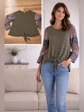 Alchemy Thread Olive Tie Front Blouse | Boho Patchwork Sleeve Top